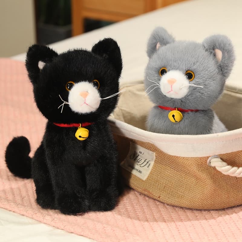 猫ぬいぐるみ グレー おめめぱっちり鈴つき子猫のぬいぐるみ