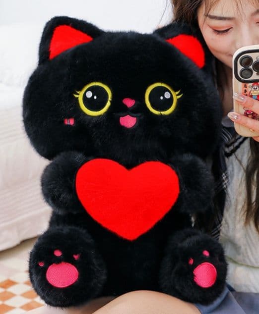 猫ぬいぐるみ 黒猫 愛情ハート抱きぬいぐるみ猫
