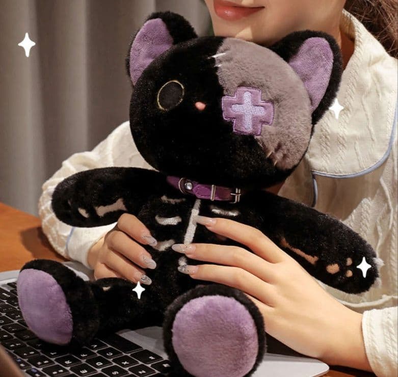 猫ぬいぐるみ 黒猫 骨柄のハロウィン猫ぬいぐるみ