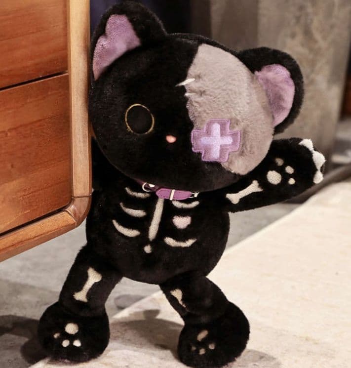 猫ぬいぐるみ 黒猫 骨柄のハロウィン猫ぬいぐるみ