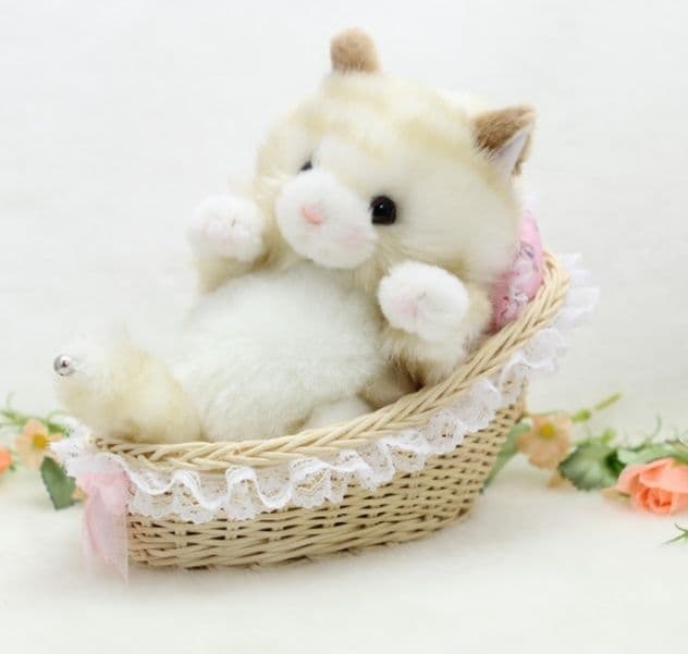 猫ぬいぐるみ 茶色 ふわもち子猫のバスケット