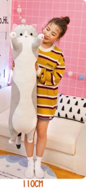 猫ぬいぐるみ 両手上げ仰向けポーズグレー猫ロングクッション