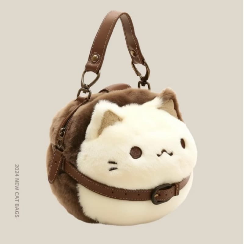 茶色革ベルト付き子供用猫ぬいぐるみショルダーバッグ