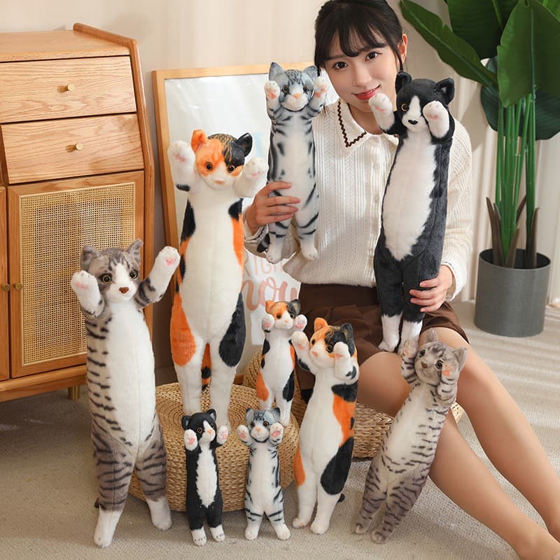 猫ぬいぐるみ 両手を上げた三毛猫ロング抱き枕ぬいぐるみ