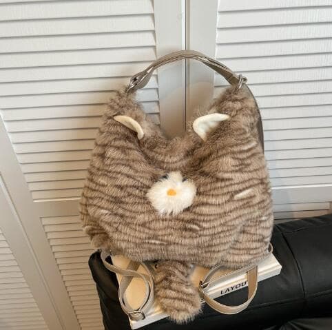 茶色猫ぬいぐるみ肩掛けバッグ レディース