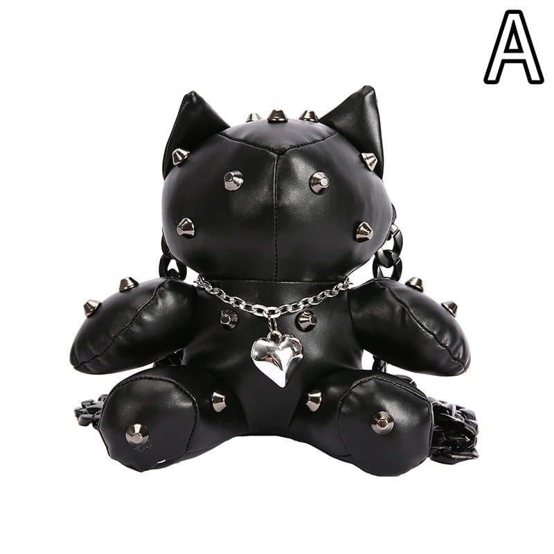 黒色猫ぬいぐるみショルダーバッグ 斜めがけスタッズ付き