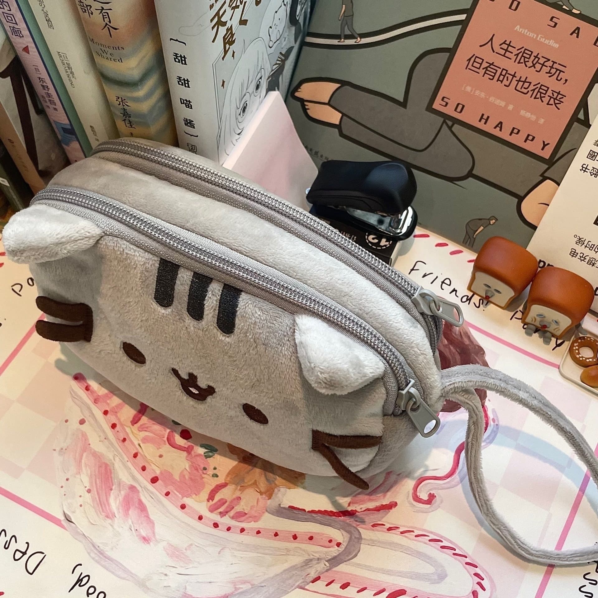 猫ぬいぐるみ グレー もふもふ猫の小物入れポーチ