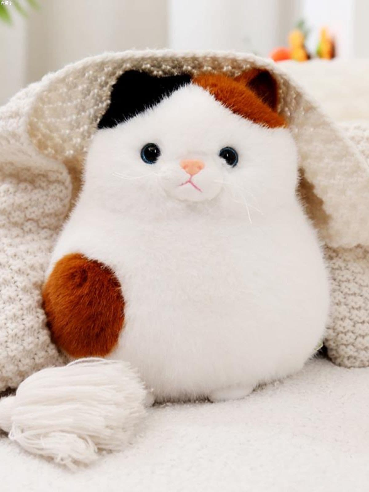 猫ぬいぐるみ 白色 もふもふ三毛ねこ まんまるぬいぐるみ