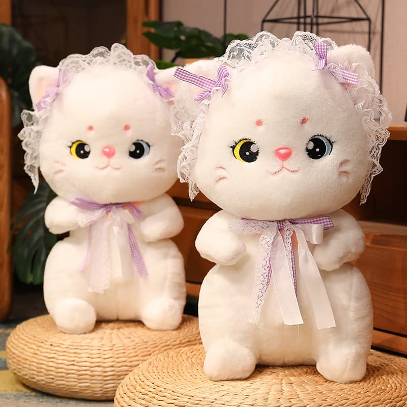 猫ぬいぐるみ 白色 レースリボン付き お姫様ねこちゃん