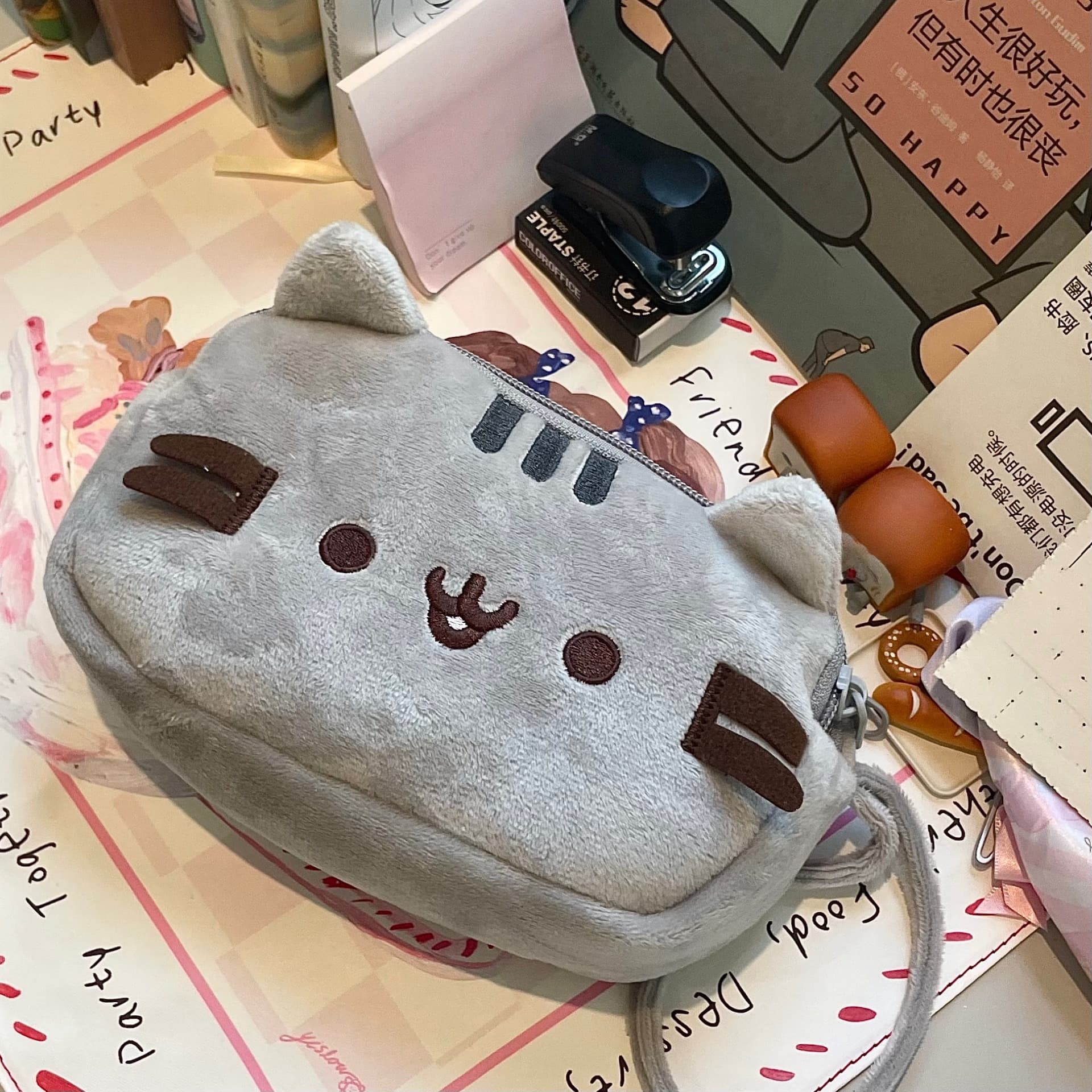 猫ぬいぐるみ グレー もふもふ猫の小物入れポーチ