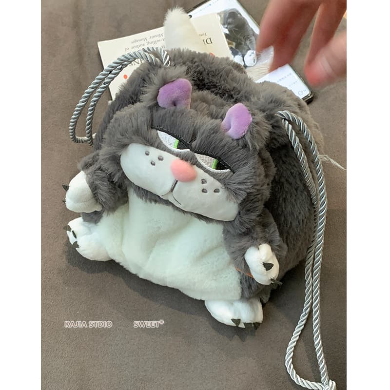 猫ぬいぐるみ ふわふわ猫ちゃん巾着型ショルダーバッグ