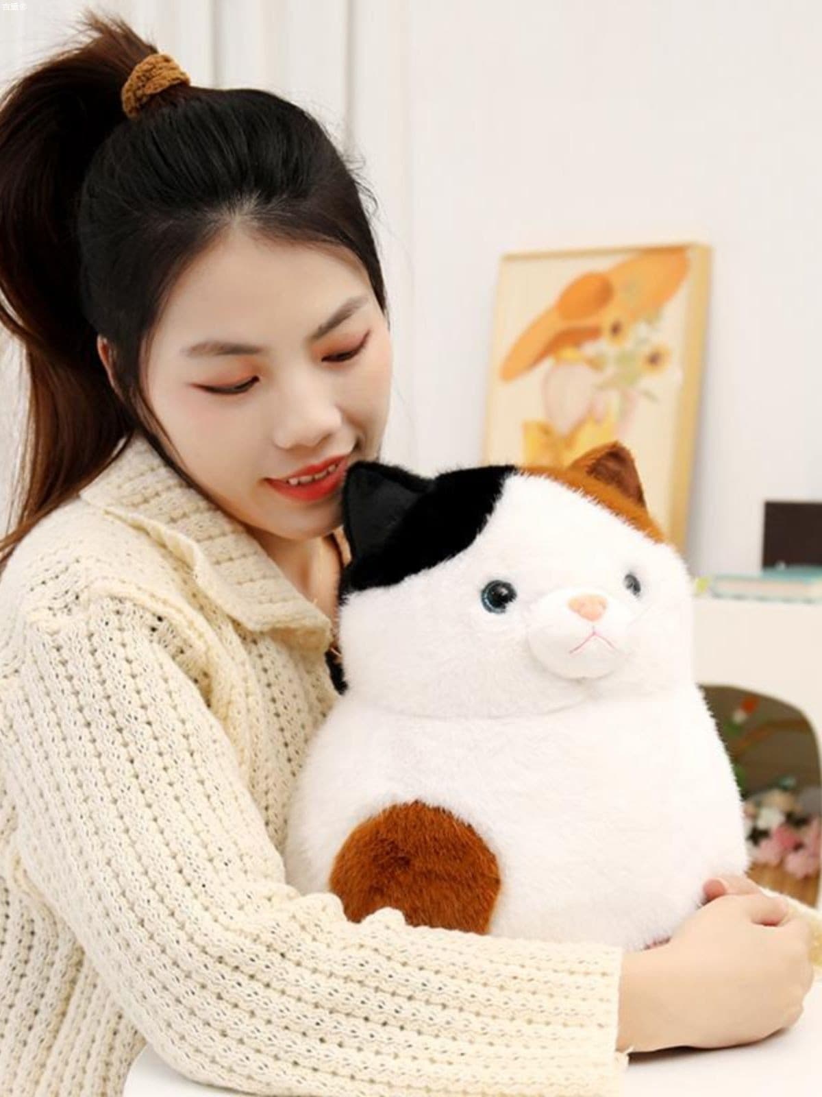 猫ぬいぐるみ 白色 もふもふ三毛ねこ まんまるぬいぐるみ