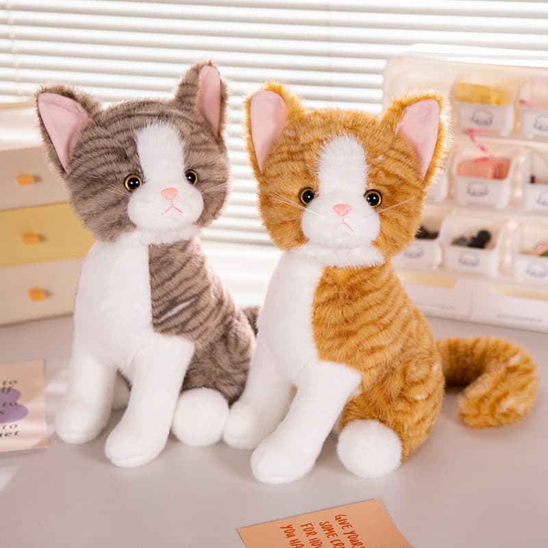 猫ぬいぐるみ グレー もふもふ縞模様のお座り子猫