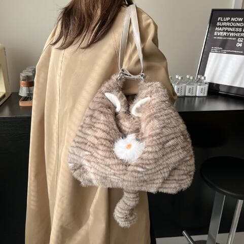 茶色猫ぬいぐるみ肩掛けバッグ レディース