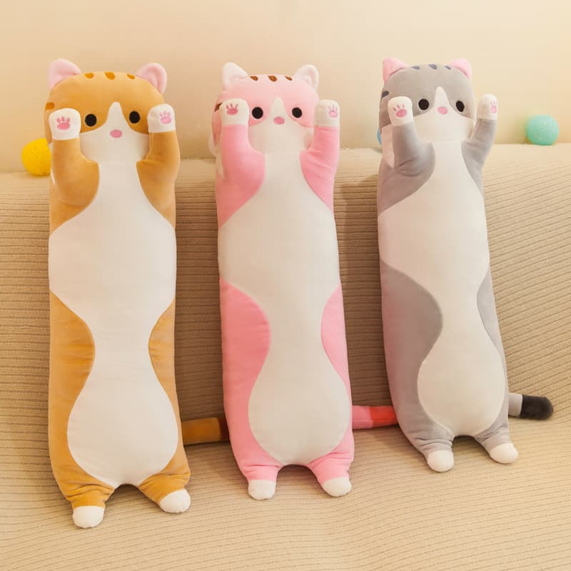 猫ぬいぐるみ 両手上げ仰向けポーズグレー猫ロングクッション