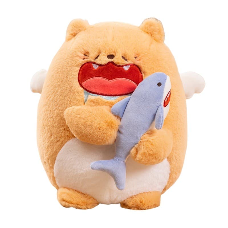 猫ぬいぐるみ 茶色 お魚くわえたごきげん猫