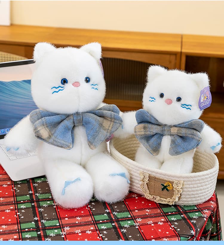 猫ぬいぐるみ 白色 ふわもこリボン付き猫ちゃん