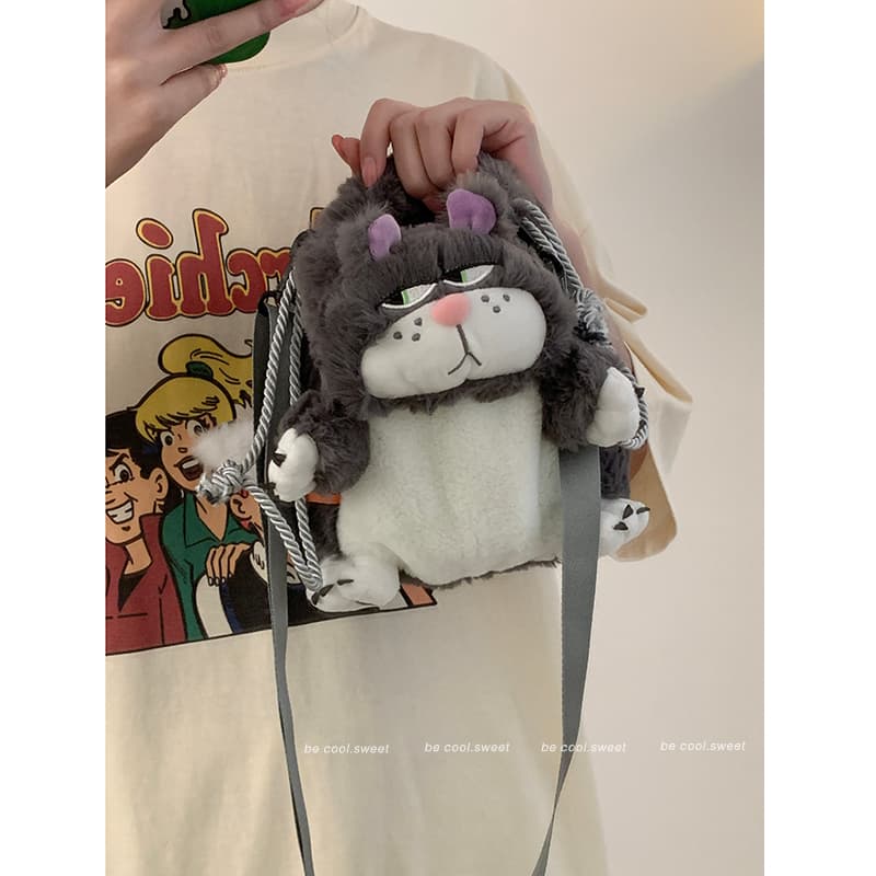 猫ぬいぐるみ ふわふわ猫ちゃん巾着型ショルダーバッグ