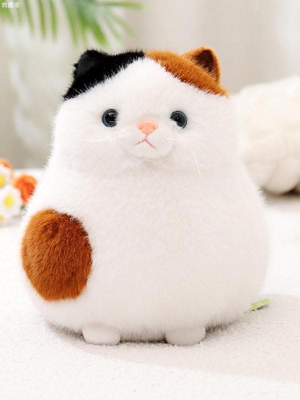 猫ぬいぐるみ 白色 もふもふ三毛ねこ まんまるぬいぐるみ