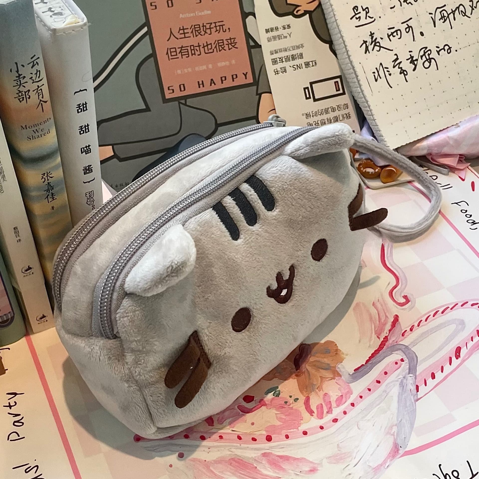 猫ぬいぐるみ グレー もふもふ猫の小物入れポーチ